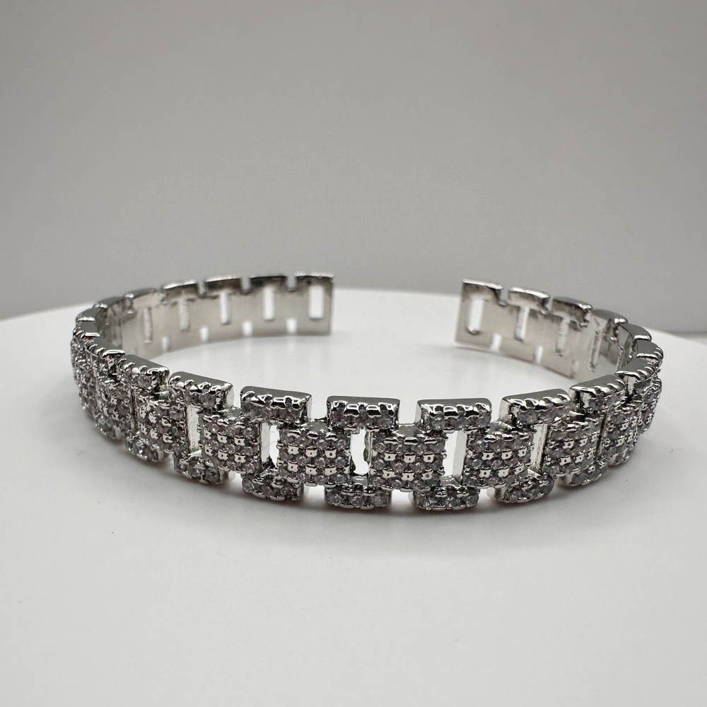 Vintage 90s Silver Tone Pave Glass Cuff Bracelet Geometric Fashion Jewelry